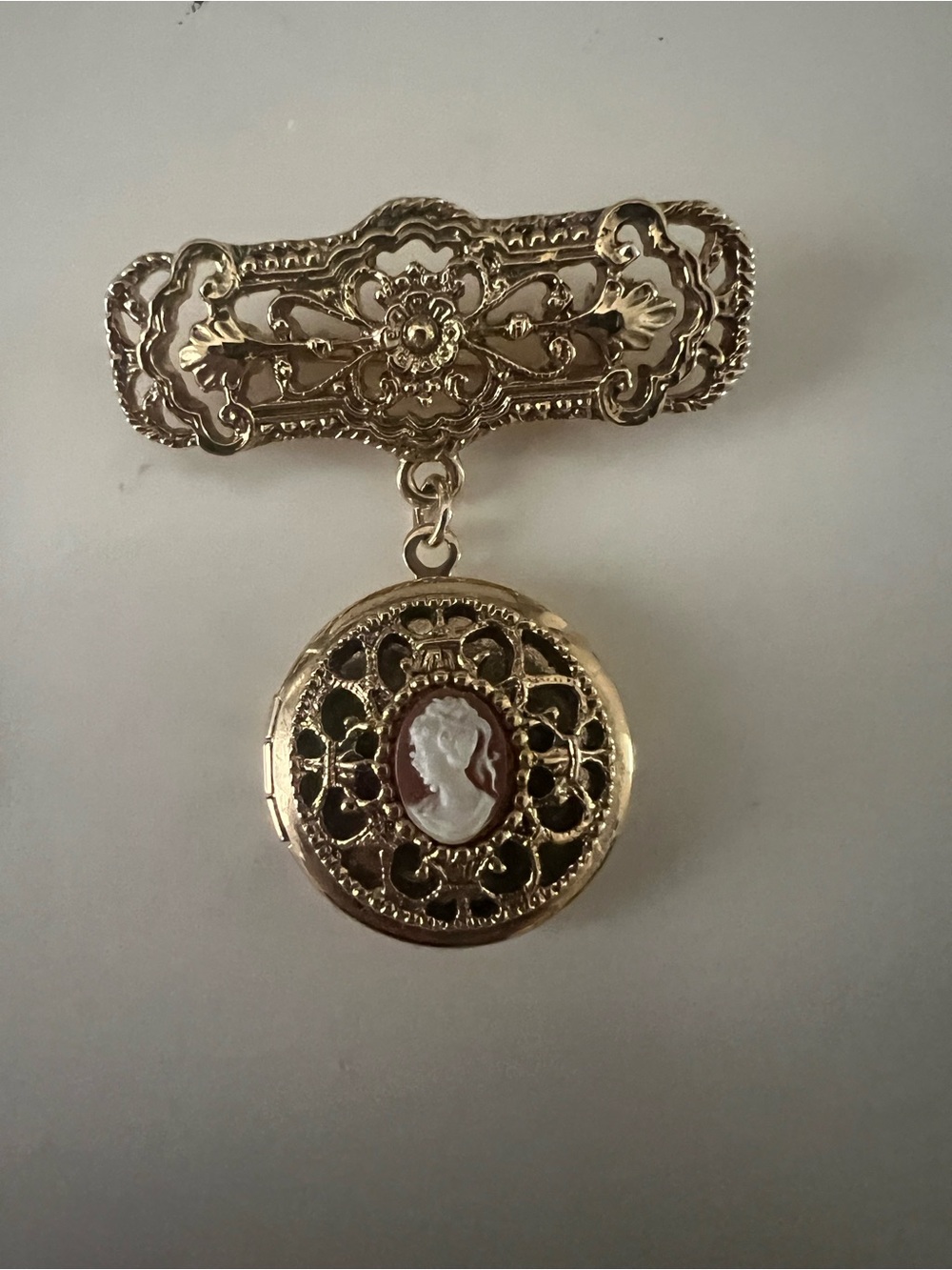 Vintage Gold Cameo Filigree Locket & Dangle Brooch with White Cameo